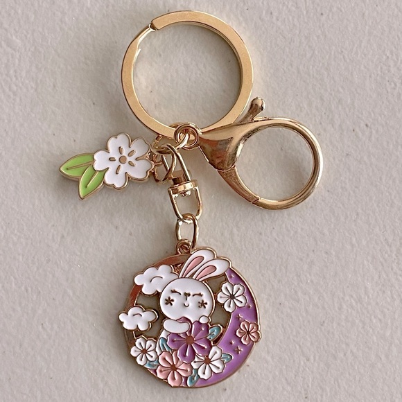 Bunny Rabbit Sakura Moon Keychain Purse Charm - Picture 1 of 4